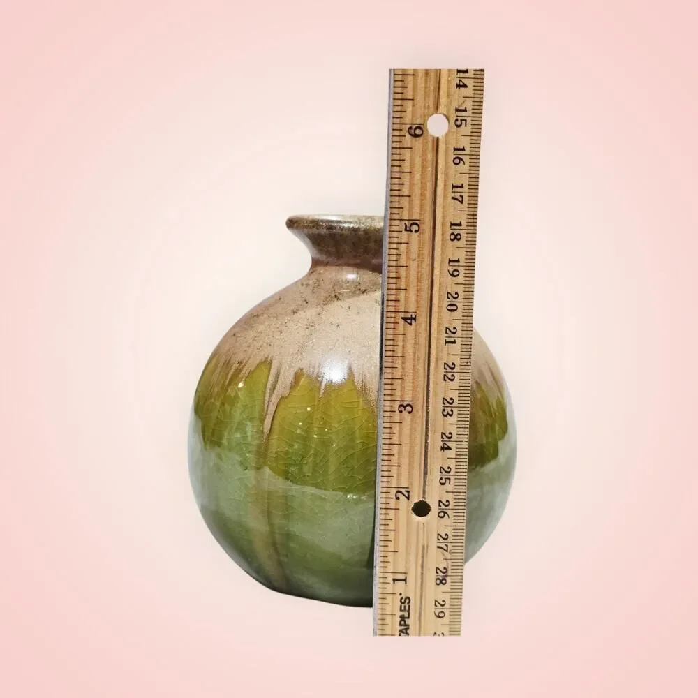 Pottery Bud Vase Green Tan Drip‎ Glaze 5